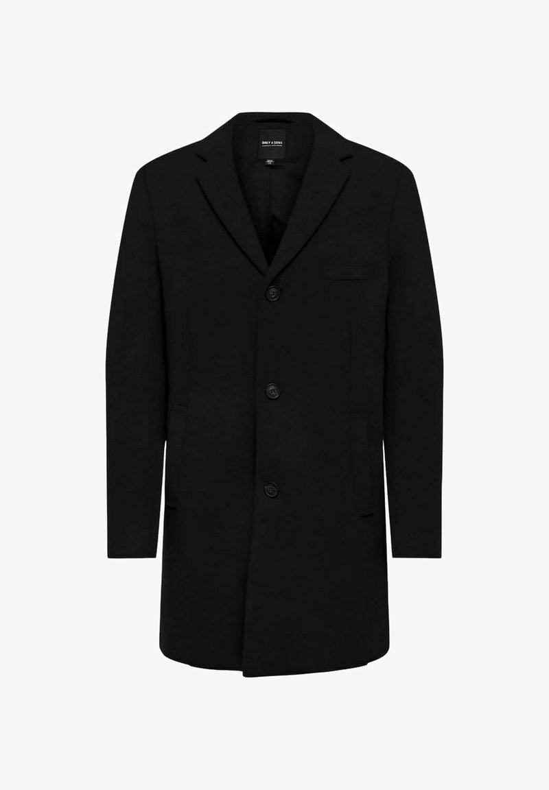 Cappotto nero in misto lana con design su misura; presenta una chiusura a bottone singolo, rever a punta e tasche laterali. Texture liscia.
