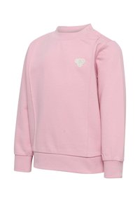 Roze sweatshirt met een hoge halslijn, lange mouwen, geribde manchetten en een decoratief geborduurd logo op de borst. Zacht geweven stof.