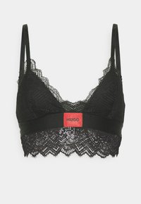 Zwarte kanten bralette met geschulpte randen, voorzien van een effen zwarte band en een rode "HUGO"-logo aan de voorkant. Inclusief verstelbare bandjes.