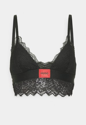 Svart blonde bralette med bølgende kanter, med et solid svart bånd og en rød "HUGO"-logo foran. Justerbare stropper inkludert.