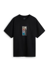 Black cotton t-shirt featuring a rectangular graphic with the word "VANS" in beige, red, and blue, and a city skyline silhouette.