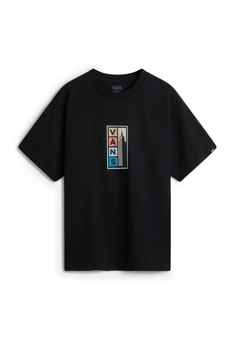 Black cotton t-shirt featuring a rectangular graphic with the word "VANS" in beige, red, and blue, and a city skyline silhouette.