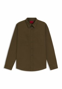 Brown long-sleeve shirt made from smooth fabric; features a button-down collar, two chest pockets, and dark buttons. Brand logo on the pocket.