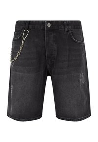 Črne denim kratke hlače z unikatnim zaključkom, ki vključujejo srebrno verigo na strani in klasičen pet žepni dizajn.