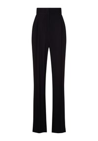 Czarne spodnie o dopasowanym kroju z wysokim stanem, prostymi nogawkami i detalem w postaci zakładek. Wykonane z gładkiego, lekkiego materiału.