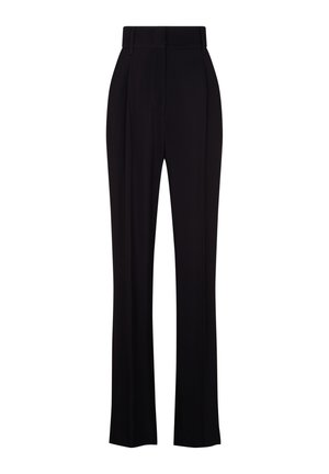 Czarne spodnie o dopasowanym kroju z wysokim stanem, prostymi nogawkami i detalem w postaci zakładek. Wykonane z gładkiego, lekkiego materiału.