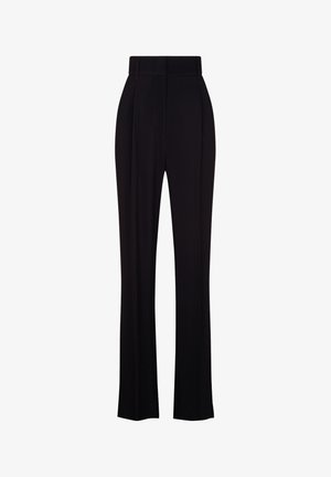 Schwarze maßgeschneiderte Hose mit hoher Taille, geradem Bein und Falten-Detail. Hergestellt aus einem glatten, leichten Stoff.