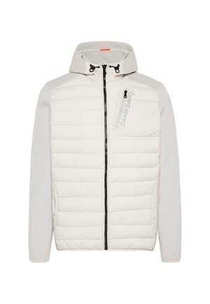 Weiße Pufferjacke mit Frontreißverschluss, abnehmbarer Kapuze, gepolstertem Design und grauen Seitenpanelen. Verfügt über eine Reißverschluss-Brusttasche mit Branding.