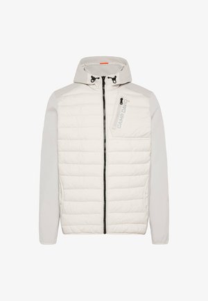 Weiße Pufferjacke mit Frontreißverschluss, abnehmbarer Kapuze, gepolstertem Design und grauen Seitenpanelen. Verfügt über eine Reißverschluss-Brusttasche mit Branding.