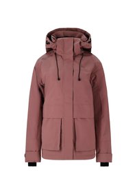 Wasserabweisende rosa Jacke mit hohem Kragen, verstellbare Kapuze, zwei Fronttaschen und schwarzen Akzenten an den Bündchen. Glatte Textur, strukturiertes Design.