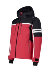 Giacca invernale con cappuccio rossa e nera con strisce bianche su maniche e petto, cerniera frontale e tasche con cerniera su petto e lati.