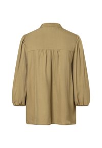 Khaki-Bluse, weicher Stoff, mit Kragen, gepufften langen Ärmeln, Rückenfalten und leicht geschwungenem Saum.