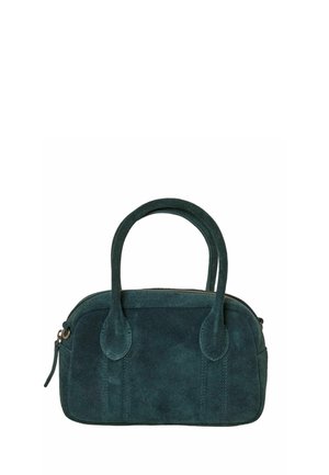Kleine dunkelgrüne Wildlederhandtasche mit zwei abgerundeten Griffen und einem oberen Reißverschlussverschluss.