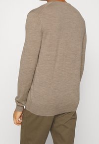 Světle hnědý svetr vyrobený z měkké látky, s kulatým výstřihem, dlouhými rukávy a žebrovaným lemem pro přiléhavý siluetu.