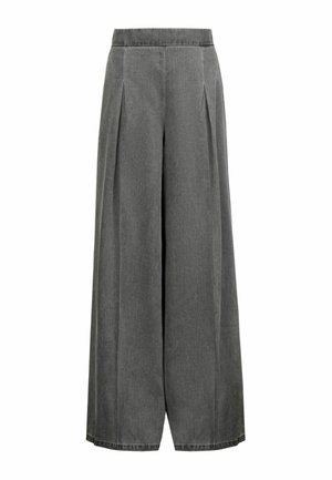 Wijde grijze broek met hoge taille en plooien, gemaakt van denimachtig stof, met een eenvoudige zoom.