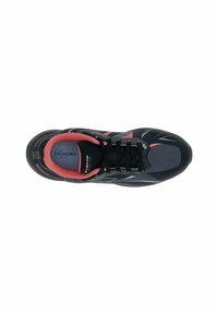 Black athletic shoe with a textured surface and pink accents. Features memory foam insole, laces, and a sleek, streamlined design.