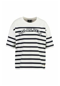 Kurzärmliges T-Shirt mit weißen und marineblauen Streifen, das "DOLCE VITA" auf der Brust bestickt hat, aus weichem Baumwollstoff gefertigt.