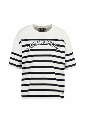 Wit en marineblauw gestreept T-shirt met korte mouwen, voorzien van "DOLCE VITA" geborduurd op de borst, gemaakt van zachte katoenstof.