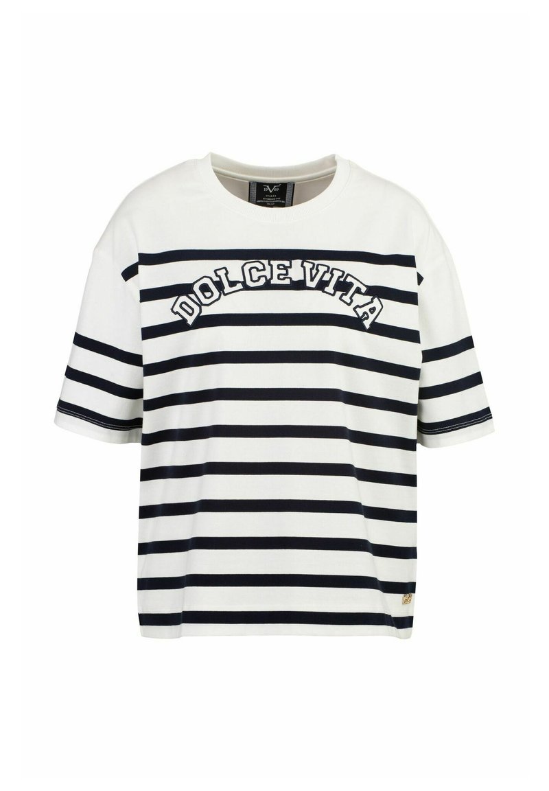 Kurzärmliges T-Shirt mit weißen und marineblauen Streifen, das "DOLCE VITA" auf der Brust bestickt hat, aus weichem Baumwollstoff gefertigt.