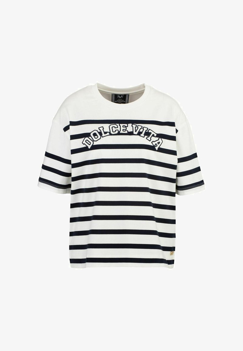 Kurzärmliges T-Shirt mit weißen und marineblauen Streifen, das "DOLCE VITA" auf der Brust bestickt hat, aus weichem Baumwollstoff gefertigt.