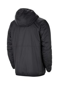Piumino nero con cappuccio, dal tessuto liscio, polsini elastici e orlo alla vita. Presenta dettagli di cucitura sul retro.