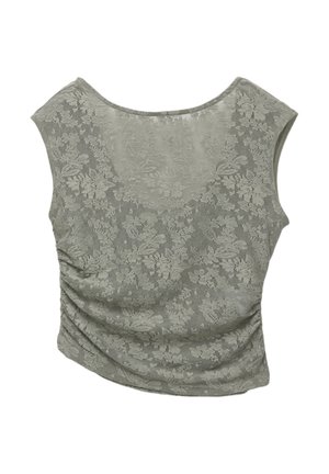 Krajkový top v tlmenej zelenej farbe, s kvetinovými vzormi, širokým okrúhlym výstrihom a nariasením v oblasti pásu pre priliehavý siluetu.