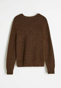Brązowy sweter robiony na druty z okrągłym dekoltem, długimi rękawami i teksturowanym, puszystym wykończeniem. Brak widocznych wzorów lub detali metalowych.