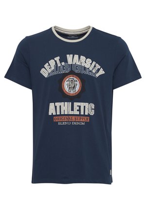 Navy blue cotton T-shirt with round neckline and contrasting cream trim, featuring front graphic text in white, orange, and black.