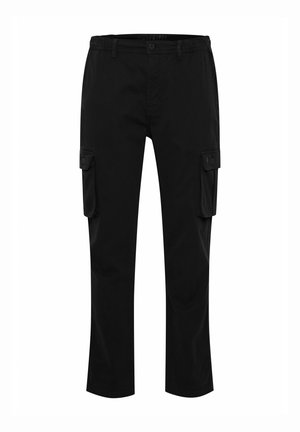 Svarte cargo-bukser med rett ben-design, fire lommer og knappestell, laget av slitesterkt stoff med matt finish.