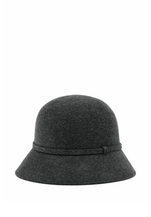Mørkegrå filtet cloche-hat med rund krone og en smal stofbånd omkring bunden.