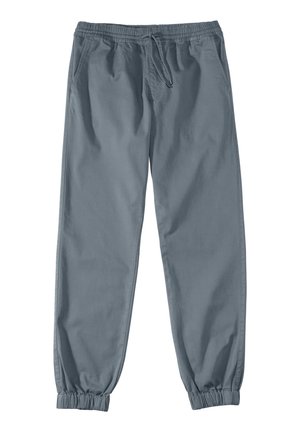 Light grey, tapered sweatpants with an elastic waistband, drawstring, and elastic cuffs; features side pockets for storage.