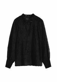 Blusa nera con maniche lunghe e puff, texture floreale, scollatura arricciata e dettaglio con fiocco. Realizzata in tessuto leggero e trasparente.