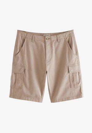 Pantaloni scurți bej de tip cargo, confecționați dintr-un material rezistent, cu două buzunare laterale și două buzunare cargo; prevăzuți cu închidere cu nasture și suporturi pentru curea.