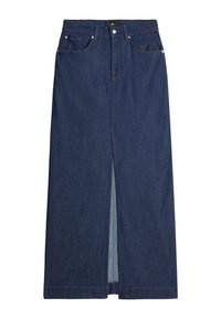 Denim skirt i mørkeblå, kne-lengde med en frontslisse, fem-lomme design og kontrastsøm. Vanlig midje med beltehemper.