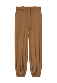 Smeđe, taperirane hlače s elastičnim manžetama, bočnim džepovima i odgovarajućim remenom. Izrađene su od glatkog, laganog materijala.