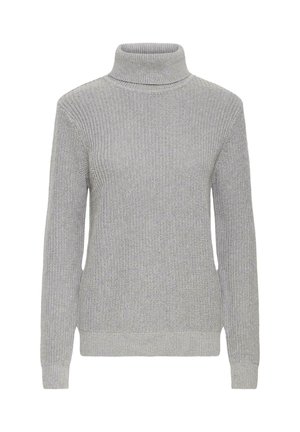 Siv pulover s turtleneck iz rebraste tkanine, dolgimi rokavi in prilegajočim dizajnom, izdelan iz pletenega materiala. Brez vidnih vzorcev ali kovinskih detajlov.