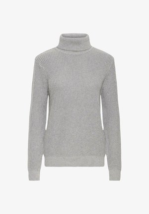 Grå turtleneck genser, ribbestrikket tekstur, lange ermer, tettsittende design, laget av strikket stoff. Ingen synlige mønstre eller hardware-detaljer.