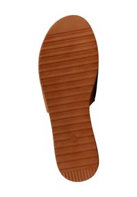Bruine rubberen schoenzool met getextureerde ribbelpatronen, ronde neus en lichte zijverhoging. Gladde afwerking met een scherpe rand.