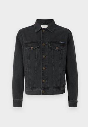 Must must küllastusega teksajakk, millel on krae, ees nööp ja kaks rinna taskut ning peened õmbluse detailid.