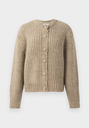 Beige grob gestrickte Strickjacke mit langen Ärmeln und sechs stoffüberzogenen Knöpfen vorne, mit einem runden Ausschnitt.