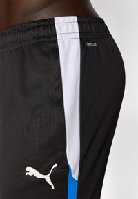 Șorturi de sport negre cu dungi laterale albe și albastre. Prezintă marca DryCELL și un logo alb al unei feline săltând aproape de tiv.