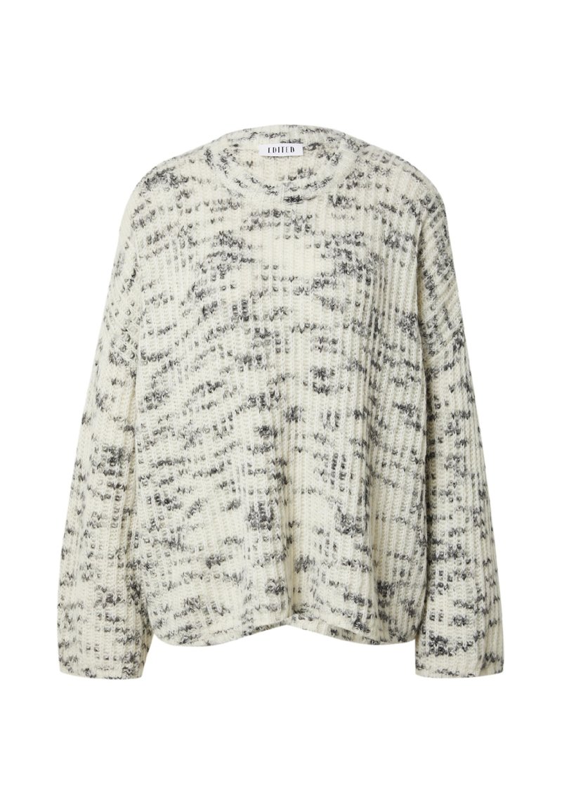 Strickpullover in Creme mit schwarzem Sprenkelmuster, ausgestattet mit einer gerippten Textur, Rundhals und langen Ärmeln.