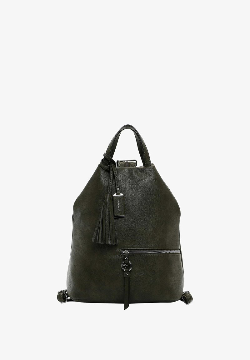 Tamsiai žalia odinė kuprinė su virvute uždarymo sistema, kutu, priekiniais užtrauktukais ir reguliuojamomis petnešomis.