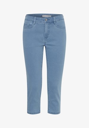 Light blue cropped jeans in stretchy denim fabric. Features a button closure, front pockets, and a smooth texture.
