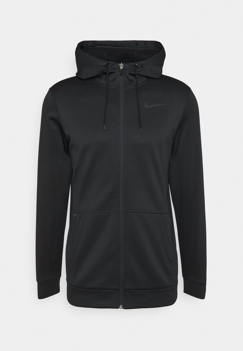 Sweat à capuche noir à fermeture éclair, en tissu lisse, doté d'une capuche avec cordons, de poches latérales et d'un petit logo Nike sur la partie supérieure gauche.
