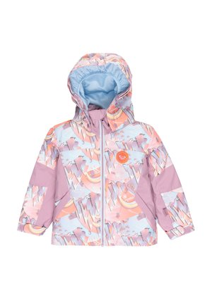 Kleurrijke waterdichte jas in roze en blauwe tinten, met bergpatronen, een capuchon, een ritssluiting aan de voorkant en contrasterende mouwen.