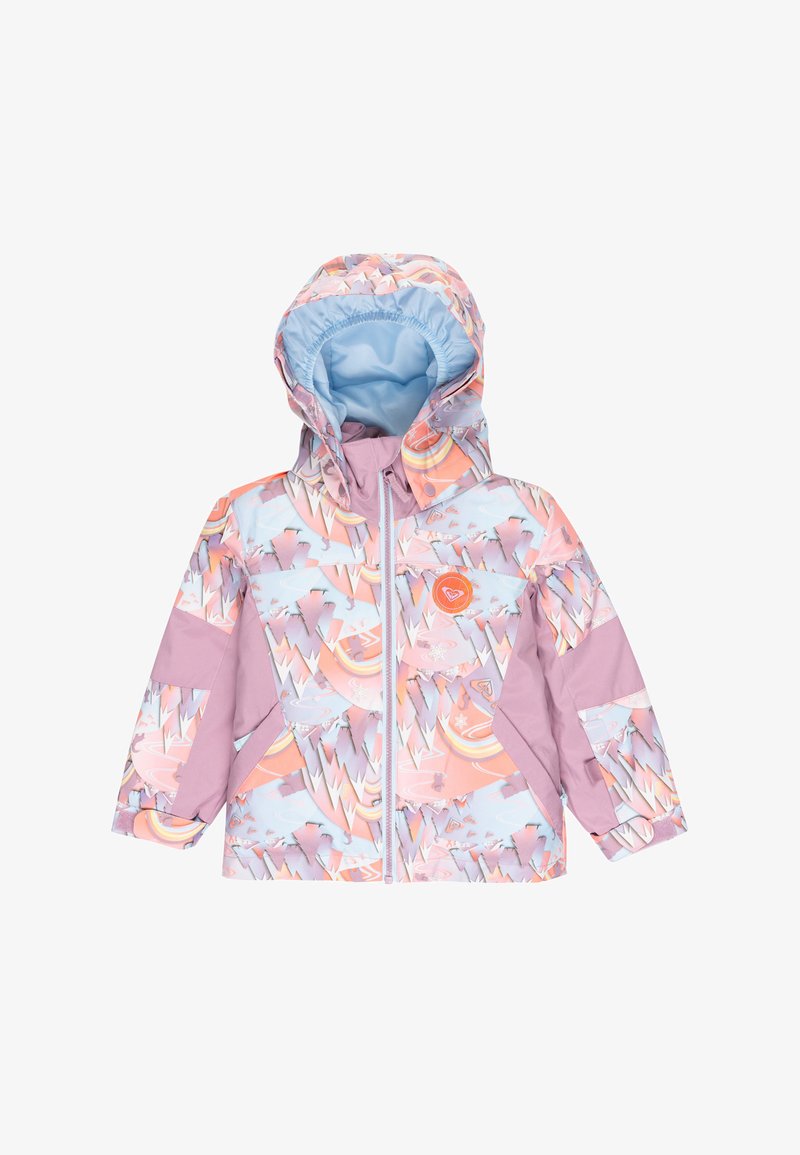 Bunte wasserdichte Jacke in Pink- und Blautönen, mit Bergmustern, Kapuze, Reißverschluss vorne und kontrastierenden Ärmeln.