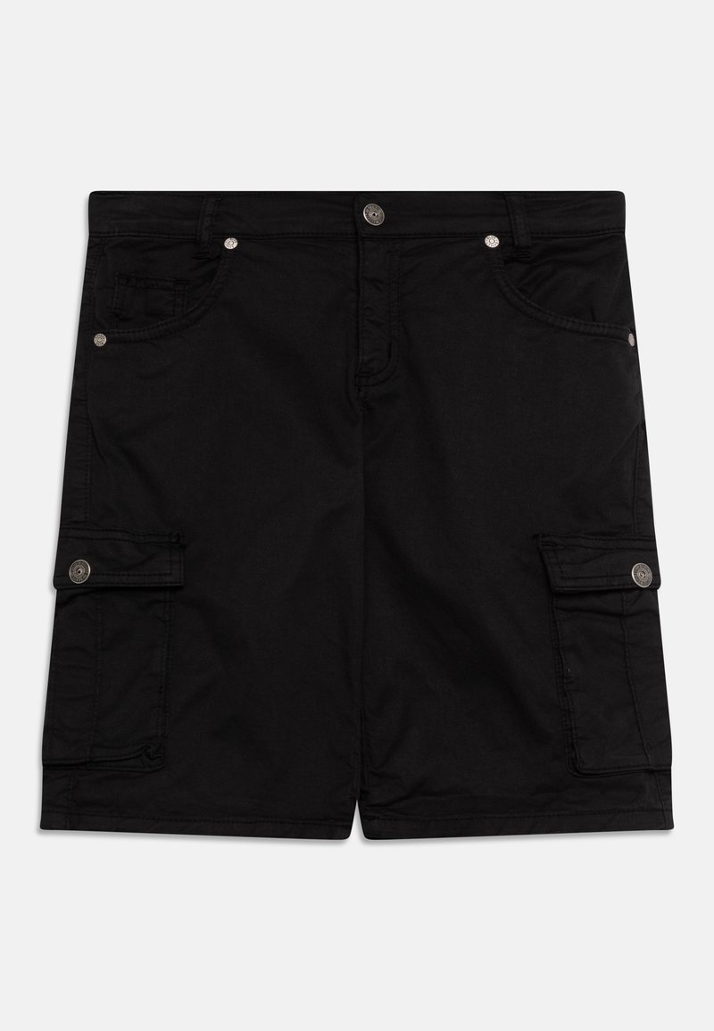 Černé cargo šortky vyrobené z bavlny, s mnoha kapsami a stříbrnými knoflíkovými detaily. Rovný střih se hladkým povrchem.