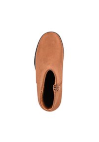Braune Wildleder-Ankelstiefel mit runder Zehenpartie, seitlichem Reißverschluss und strukturiertem Obermaterial. Solide schwarze Gummisohle für besseren Halt.