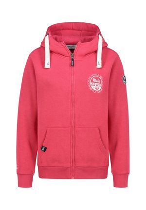 Red zip-up hoodie with white drawstrings, front pockets, and a circular white logo on the left chest and a patch on the right arm.